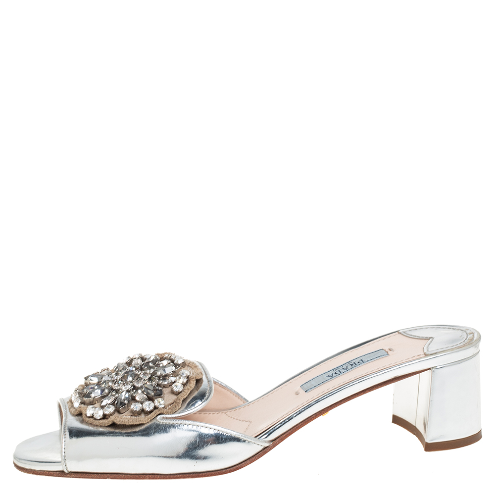 

Prada Silver Patent Leather Embellished Block Heel Slide Sandals Size