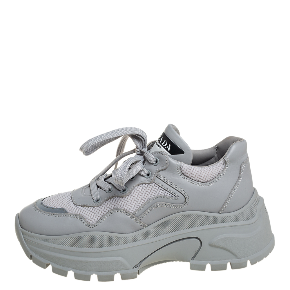 

Prada Grey Mesh And Leather Panel Chunky Low Top Sneakers Size