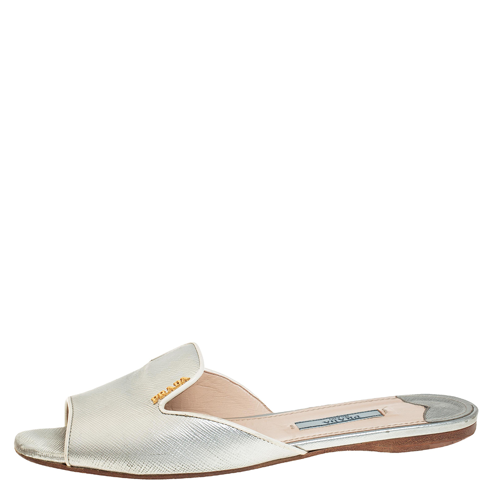 

Prada Silver Saffiano Leather Slide Flats Size