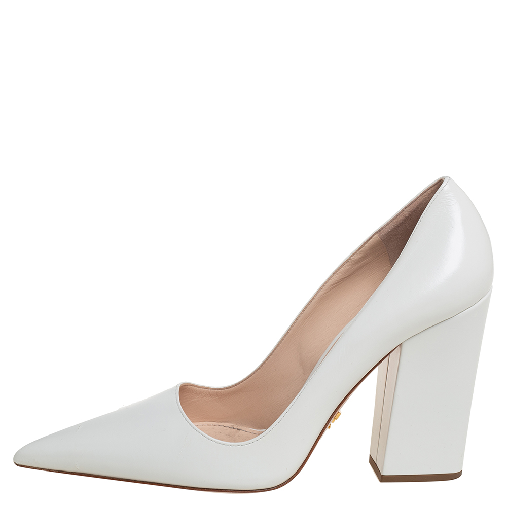 

Prada White Leather Block Heel Pointed Toe Pumps Size