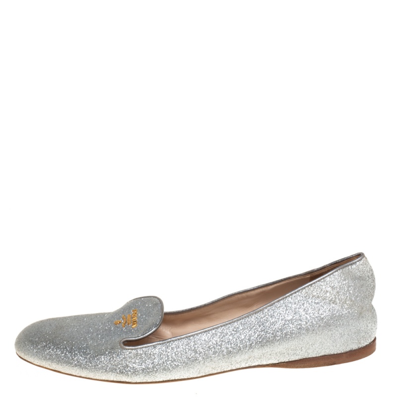 

Prada Silver Glitter Logo Embellished Smoking Slippers Size