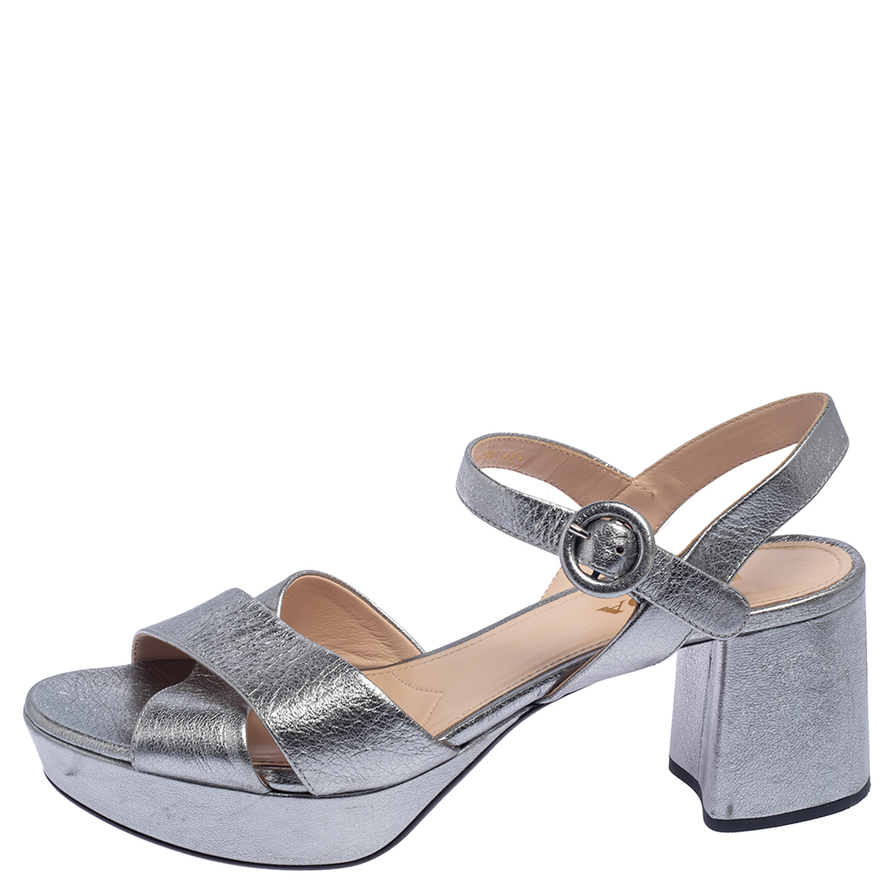 

Prada Silver Leather Strappy Ankle Strap Sandals Size