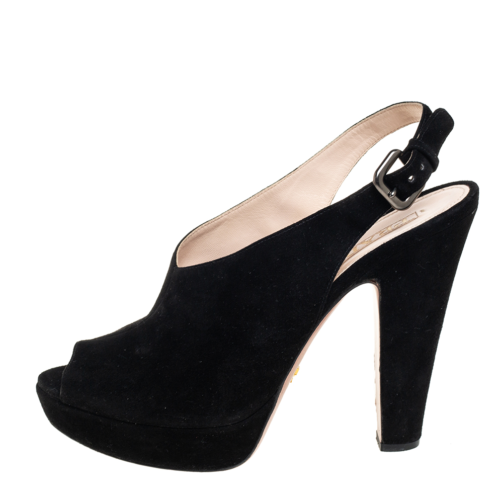 

Prada Black Suede Peep Toe Platform Slingback Sandals Size