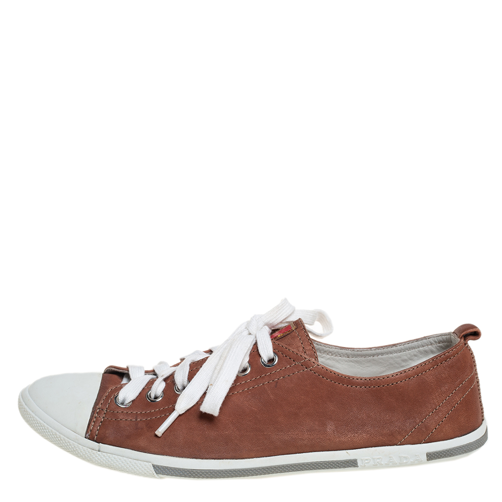 

Prada Tan Leather Low Top Lace Up Sneakers Size