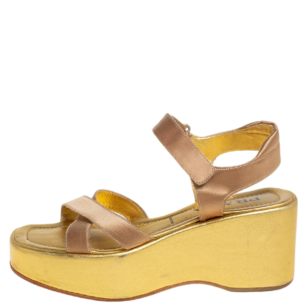 

Prada Gold Leather Strappy Wedge Sandals Size
