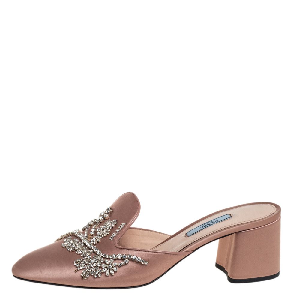 

Prada Beige Satin Crystal Embellished Pointed Toe Mules Size