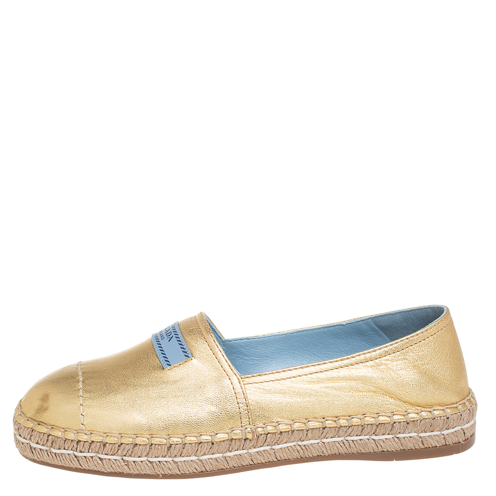 

Prada Gold Leather Espadrille Flats Size