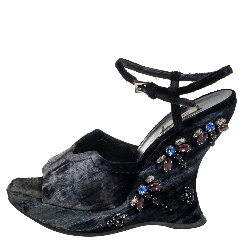 

Prada Black Velvet Crystal Embellished Wedge Ankle Strap Sandals Size