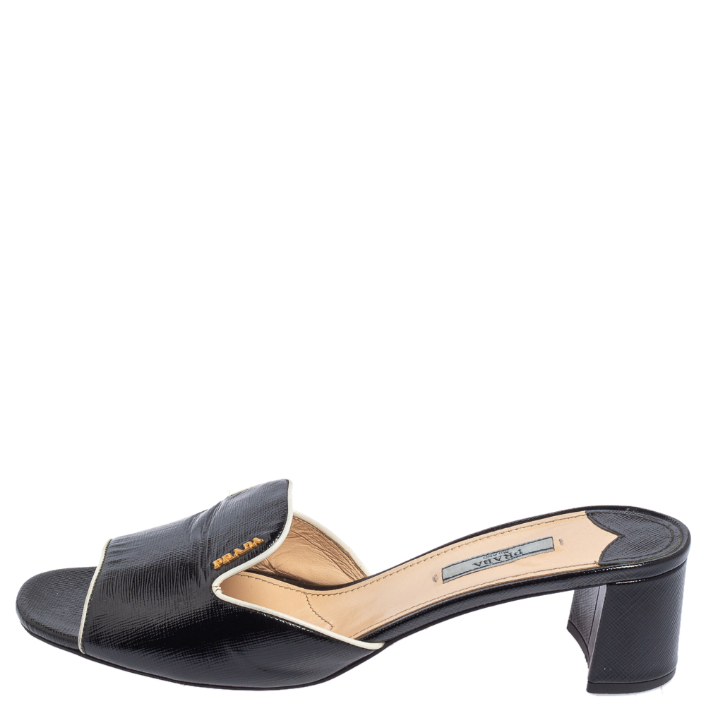 

Prada Black Patent Leather Block Heel Slides Sandals Size