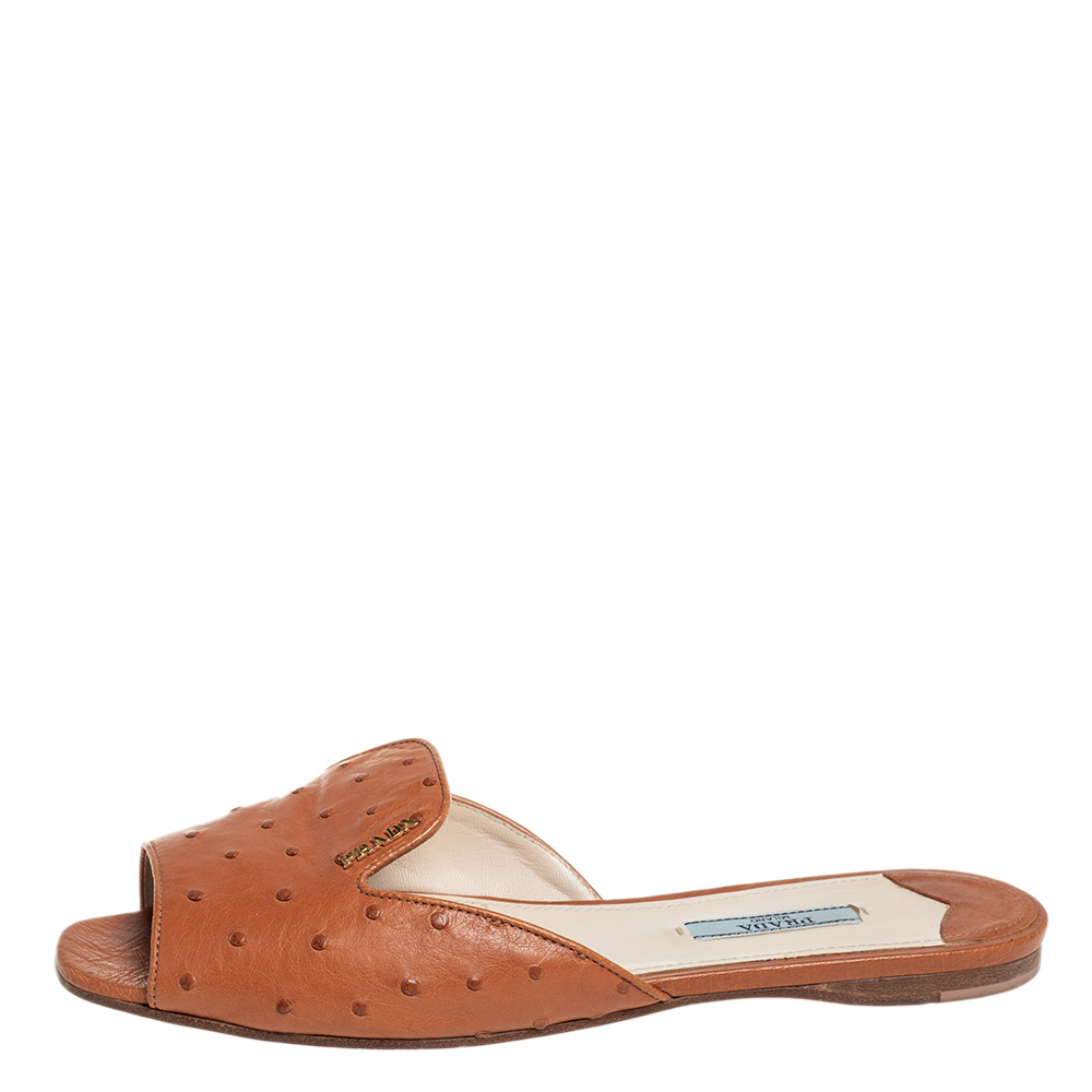 

Prada Brown Ostritch Leather Slide Slide Sandals Size