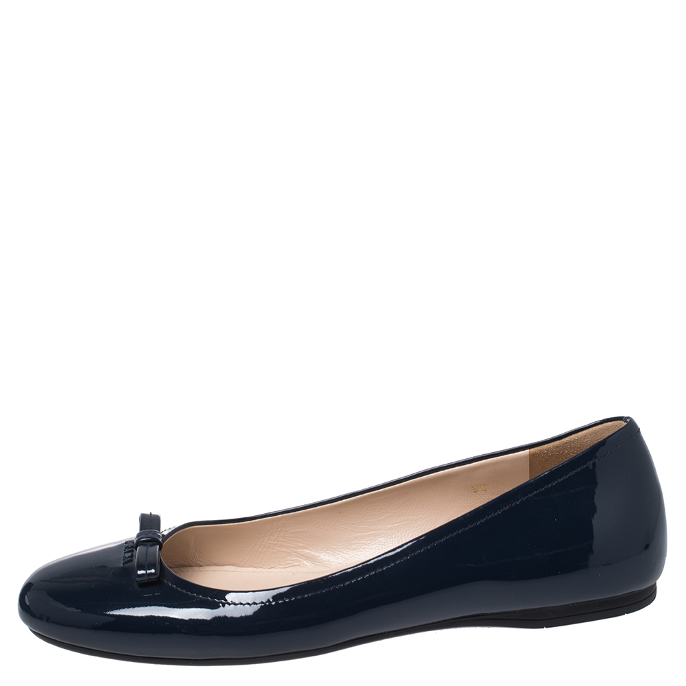 

Prada Dark Blue Patent Leather Bow Accents Ballet Flats Size