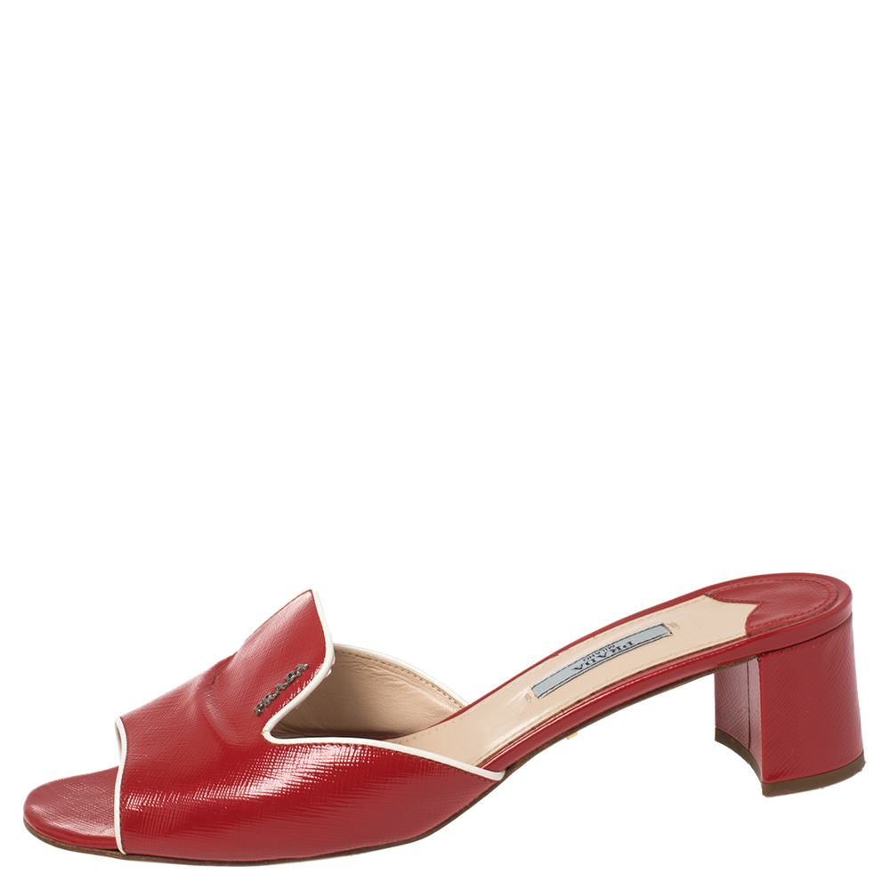 

Prada Red Patent Saffiano Leather Block Heel Slide Sandals Size