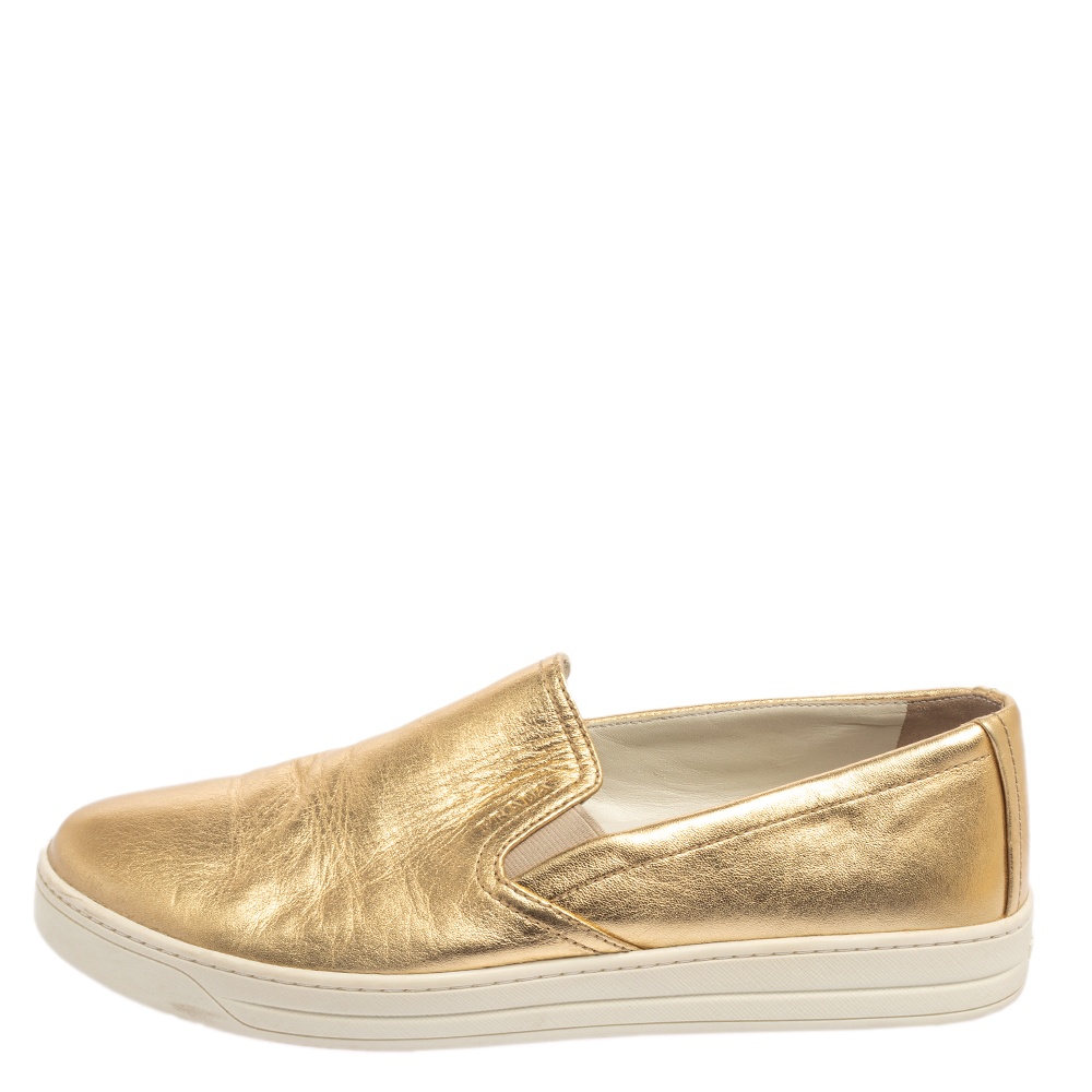 

Prada Gold Leather Slip on Sneakers Size