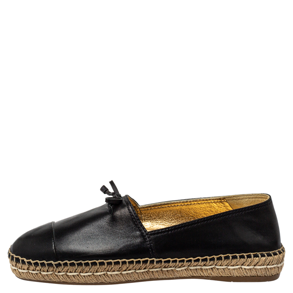 

Prada Black Leather Cap Toe Slip On Espadrille Flats Size
