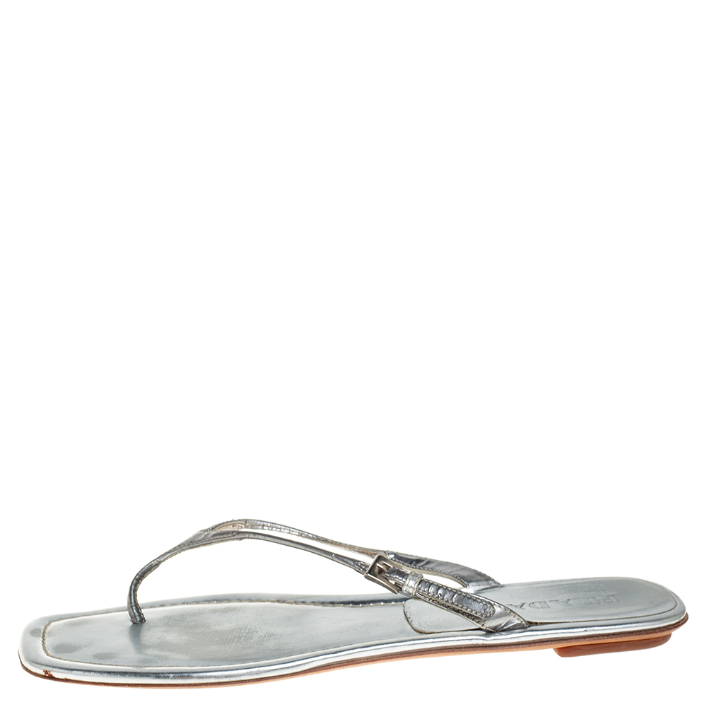 

Prada Silver Leather Buckle Embellished Thong Sandals Size