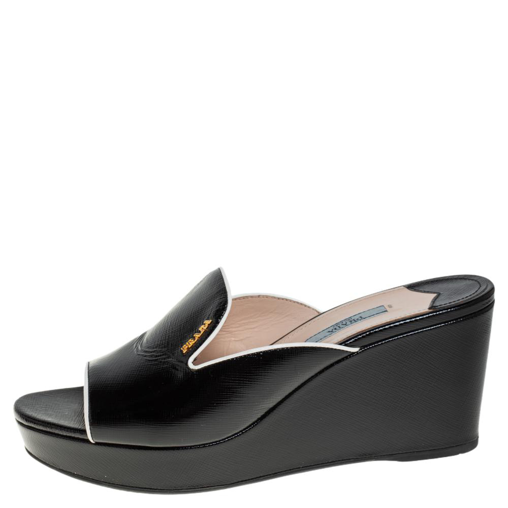 

Prada Black Saffiano Leather Platform Wedge Slide Sandals Size