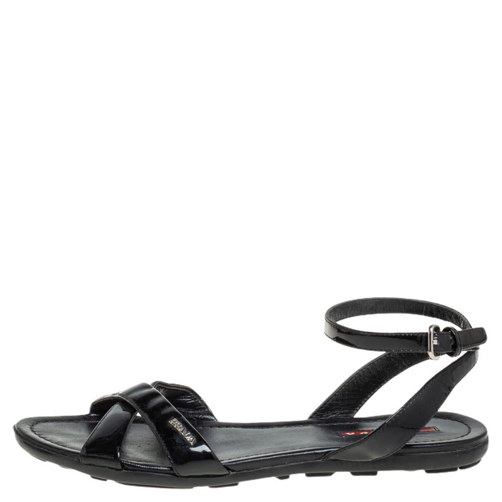 

Prada Black Patent Leather Strappy Ankle Strap Flat Sandals Size