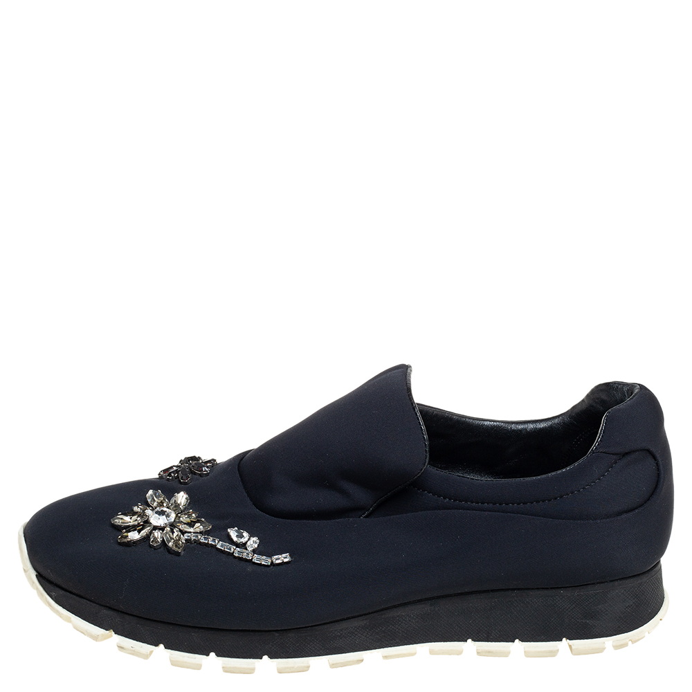 

Prada Black Nylon Crystal Embellished Slip On Sneakers Size