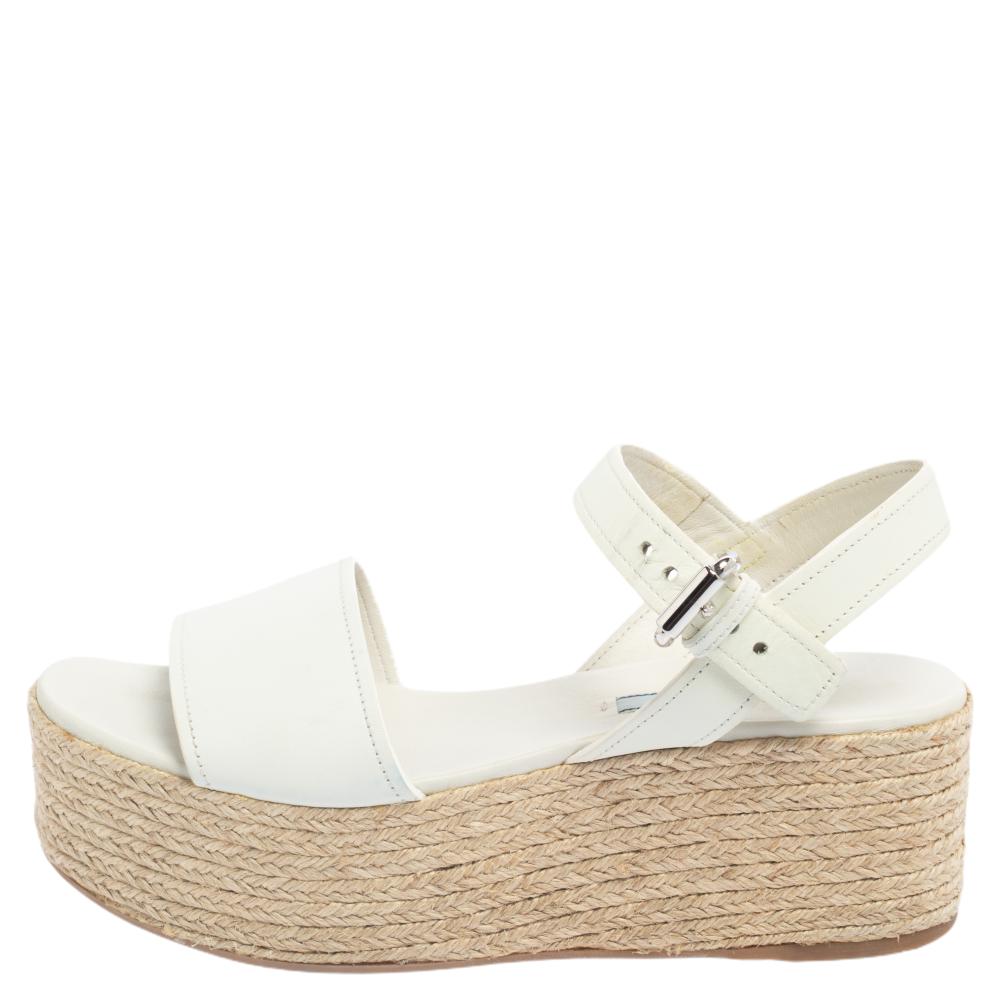 

Prada White Leather Espadrille Platform Sandals Size