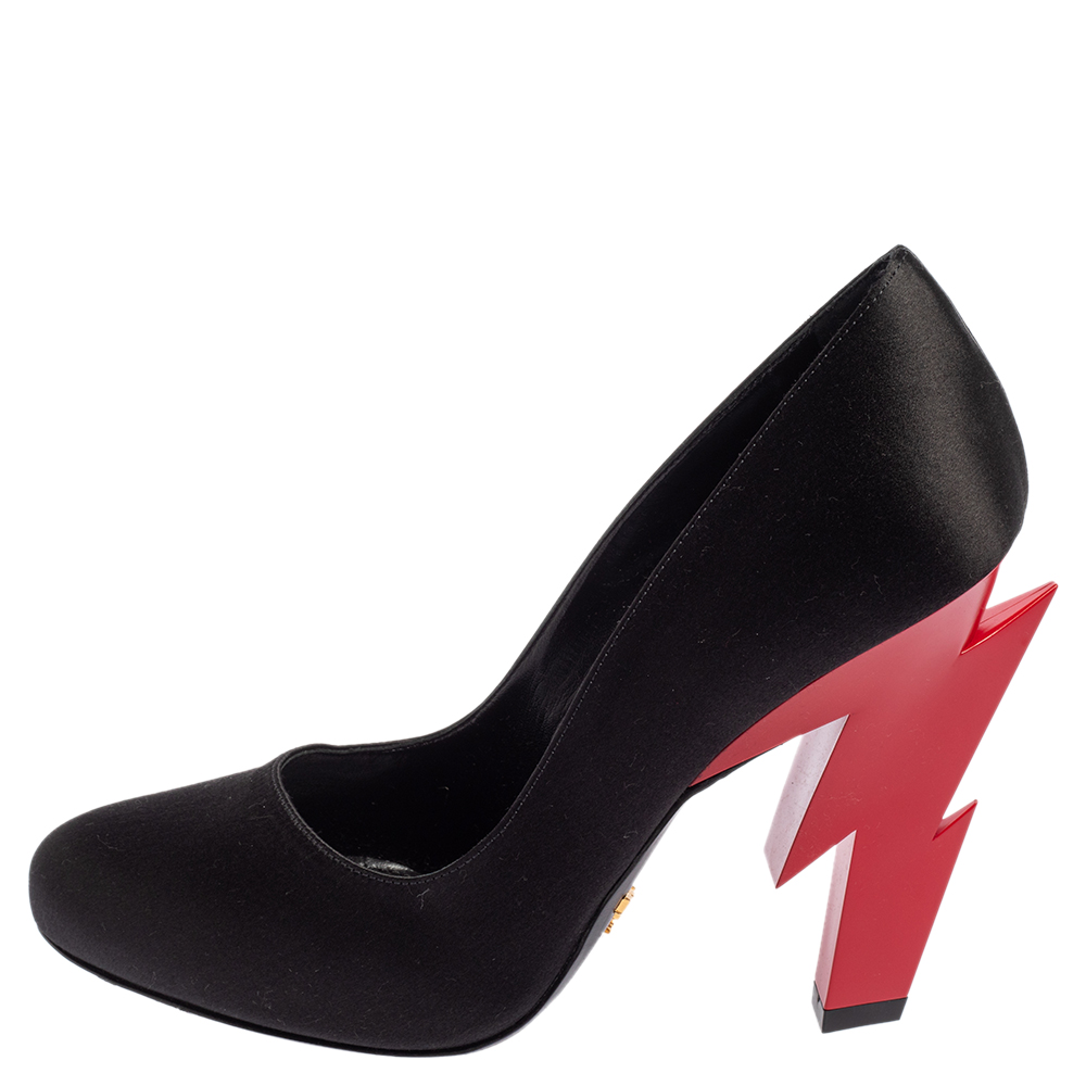 

Prada Black/Red Satin Lightning Bolt Pumps Size