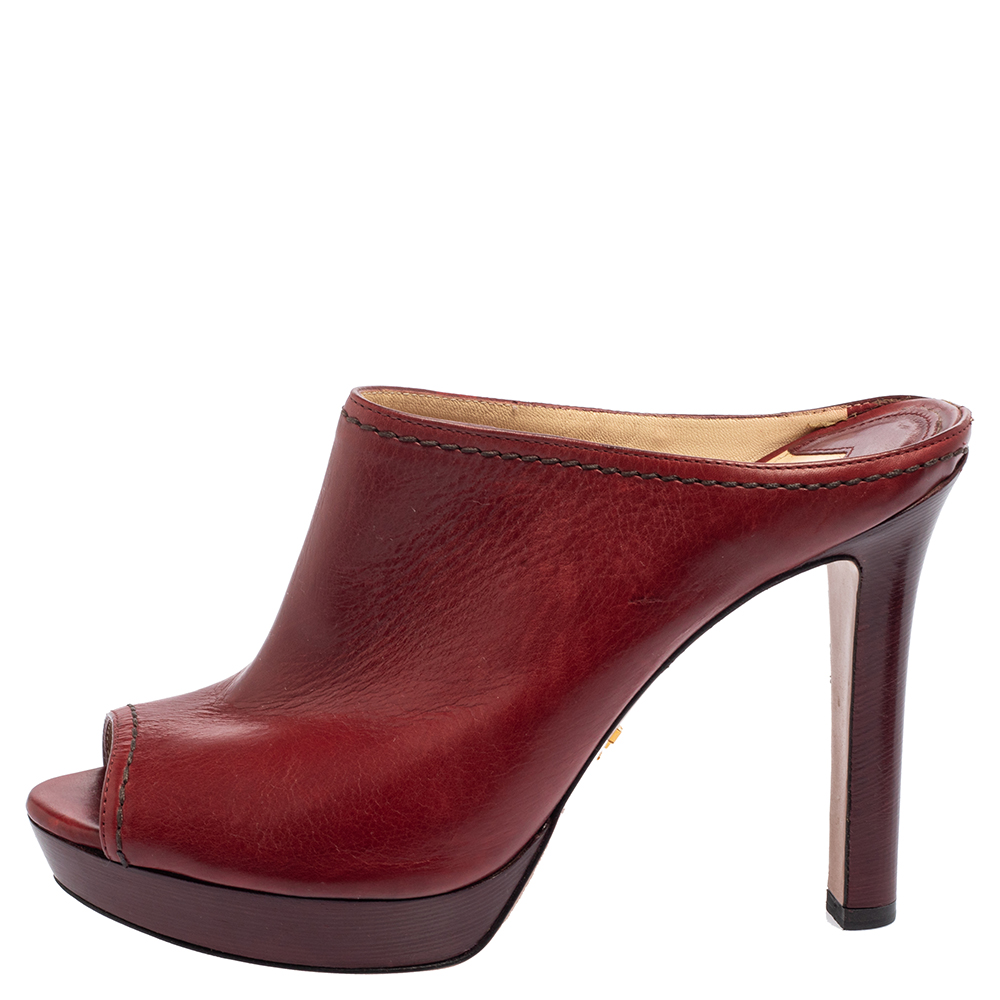 

Prada Burgundy Leather Peep Toe Mule Sandals Size