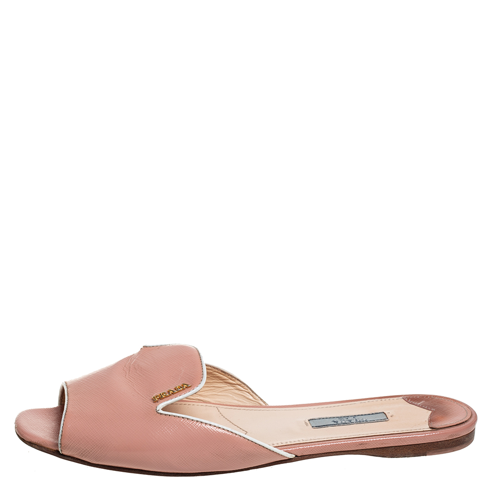 

Prada Beige Patent Saffiano Leather Flat Slides Size