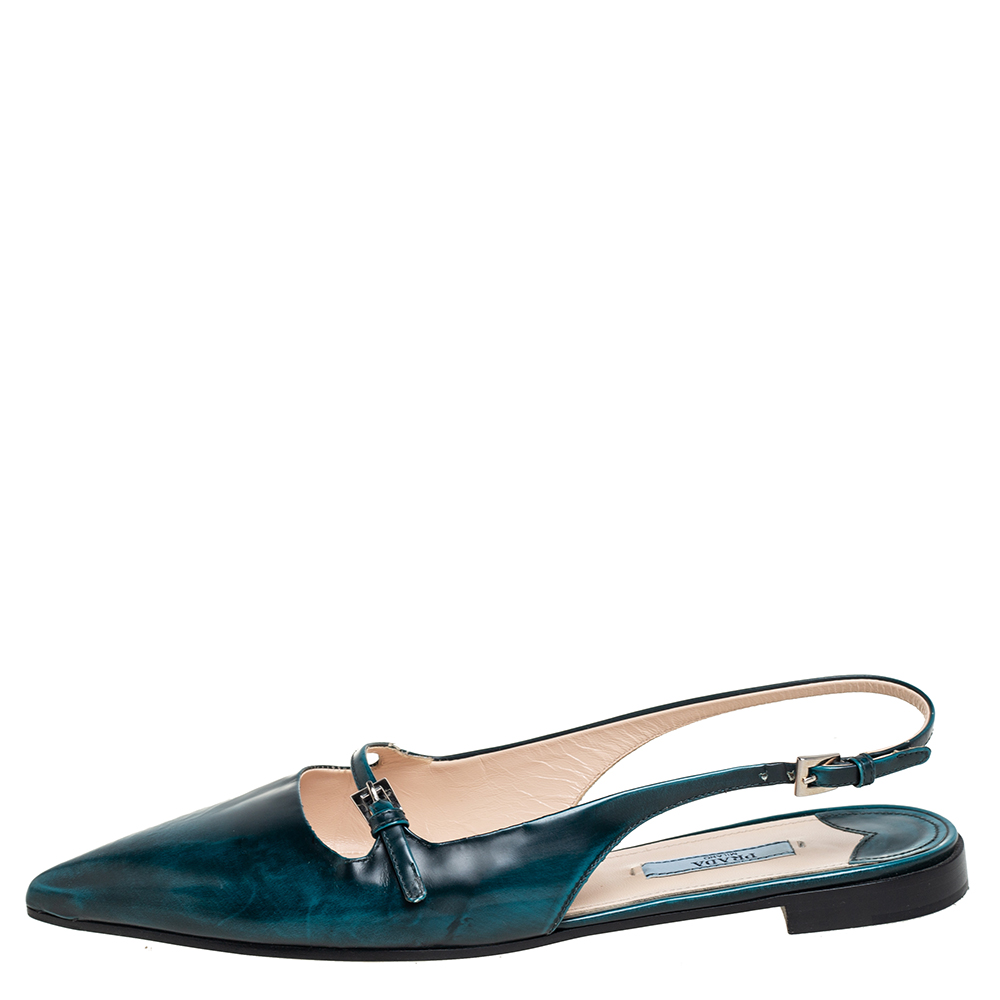

Prada Dark Green Leather Spazzolatto Slingback Flat Sandals Size