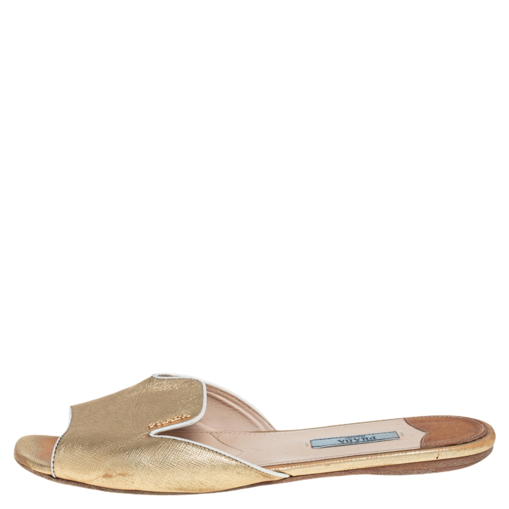 

Prada Gold Saffiano Leather Flat Slides Size