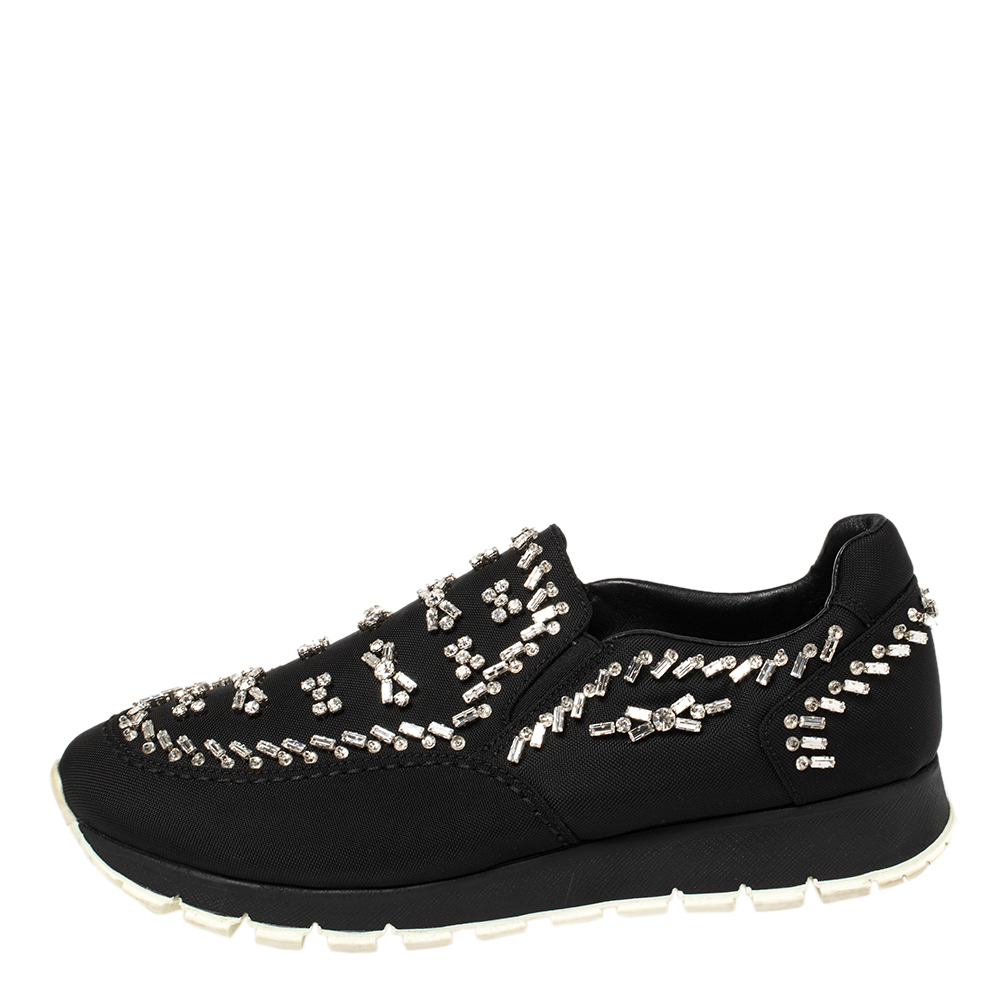 

Prada Black Canvas Crystal Embellished Slip On Sneakers Size
