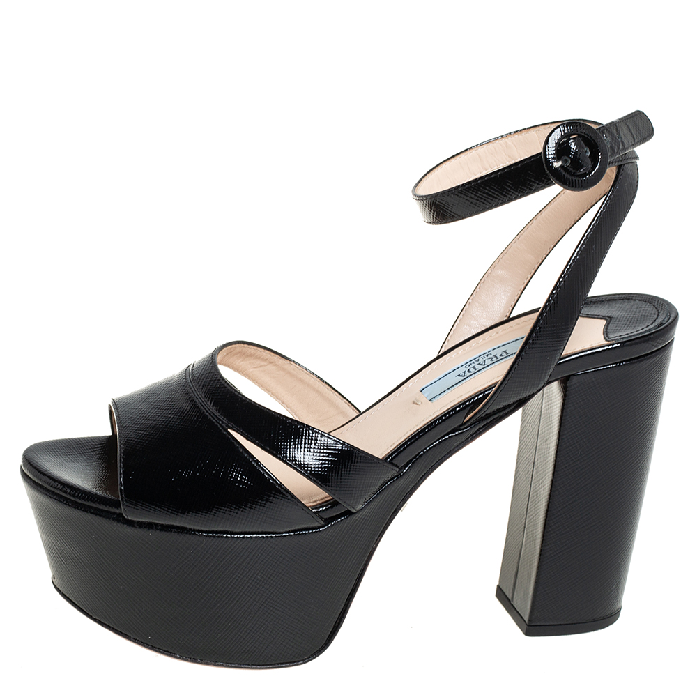 

Prada Black Patent Saffiano Leather Platform Block Heel Ankle Strap Sandals Size