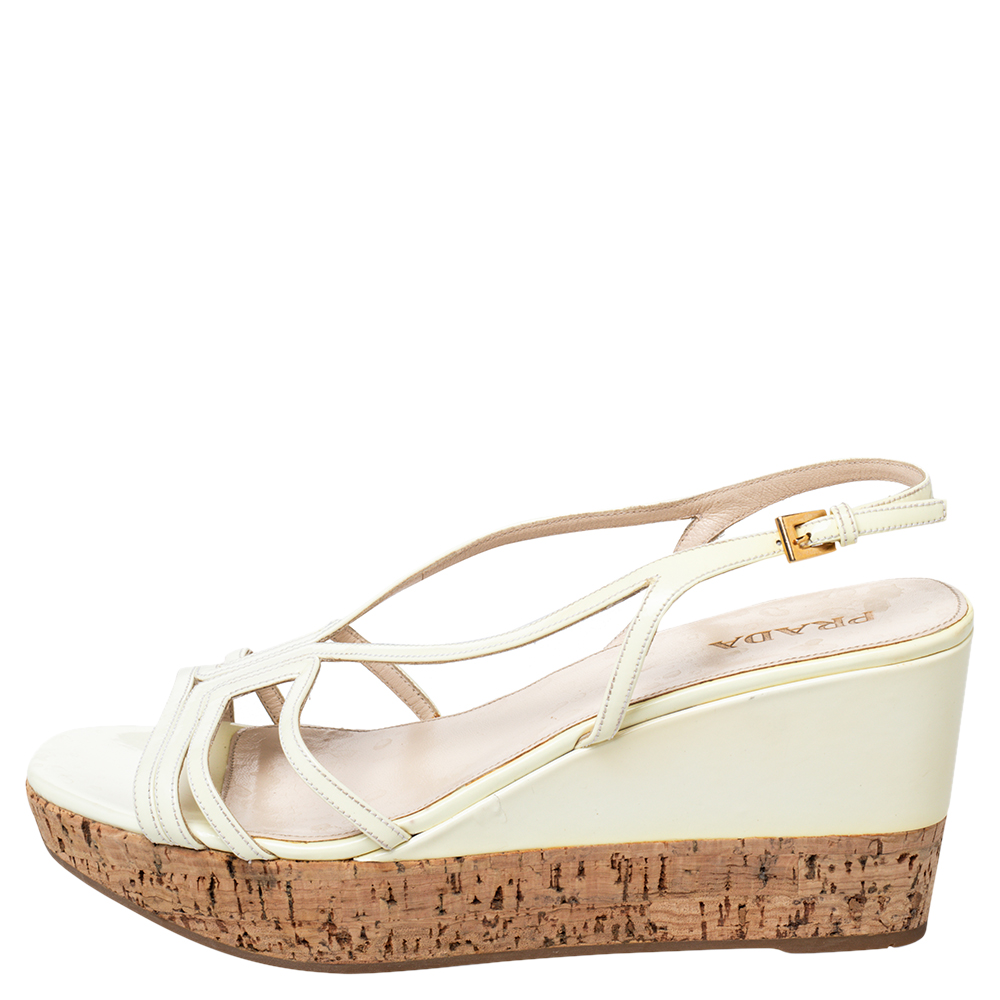 

Prada Cream Patent Leather Cork Wedge Platform Slingback Sandals Size