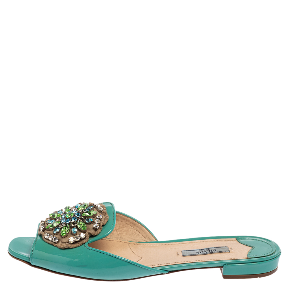 

Prada Turquoise Blue Patent Leather Crystal Embellished Flats Size