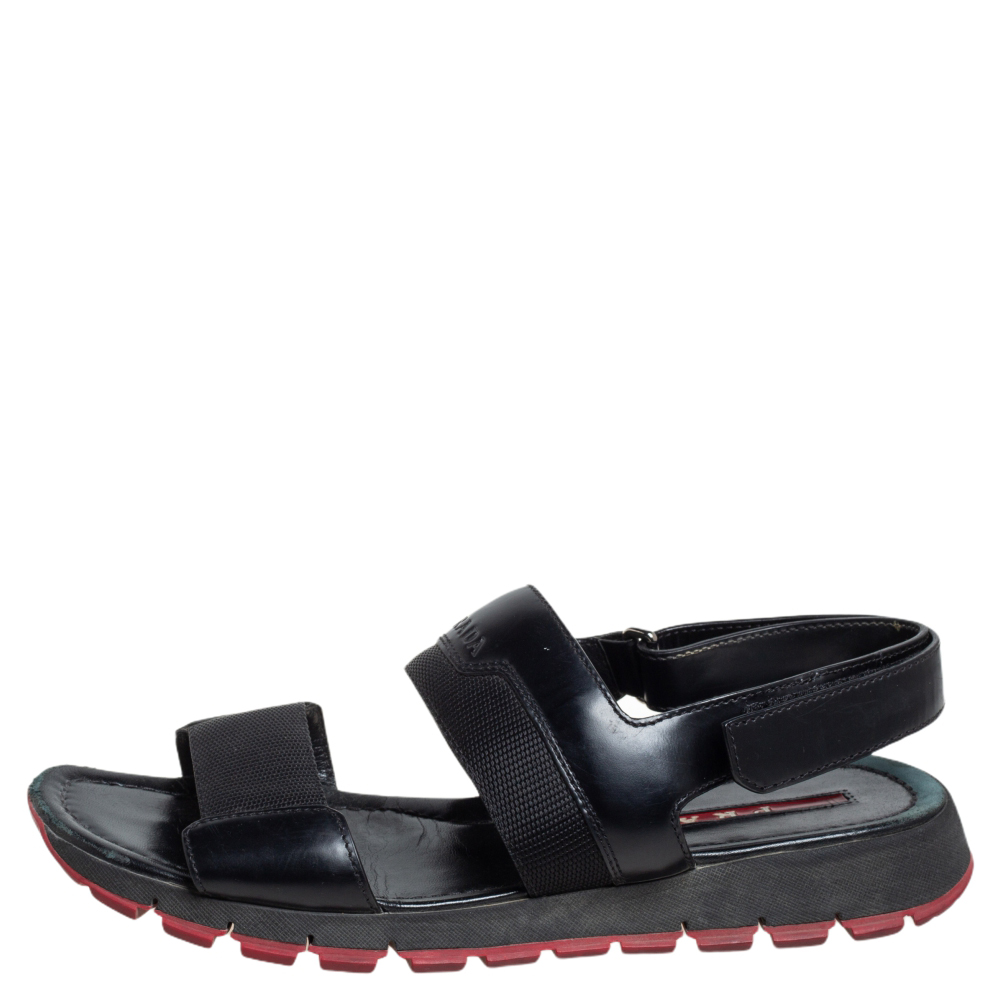 

Prada Sports Black Leather and Grosgrain Trim Velcro Sandals Size