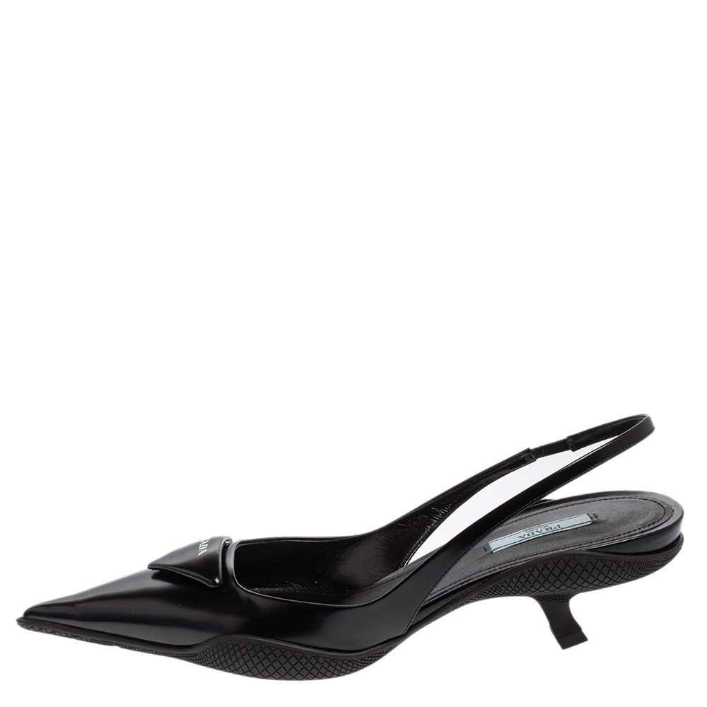 

Prada Black Leather Triangle Logo Kitten Heel Slingback Sandals Size