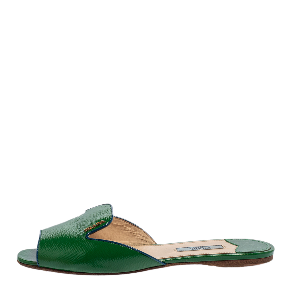 

Prada Green Patent Saffiano Leather Flat Slides Size