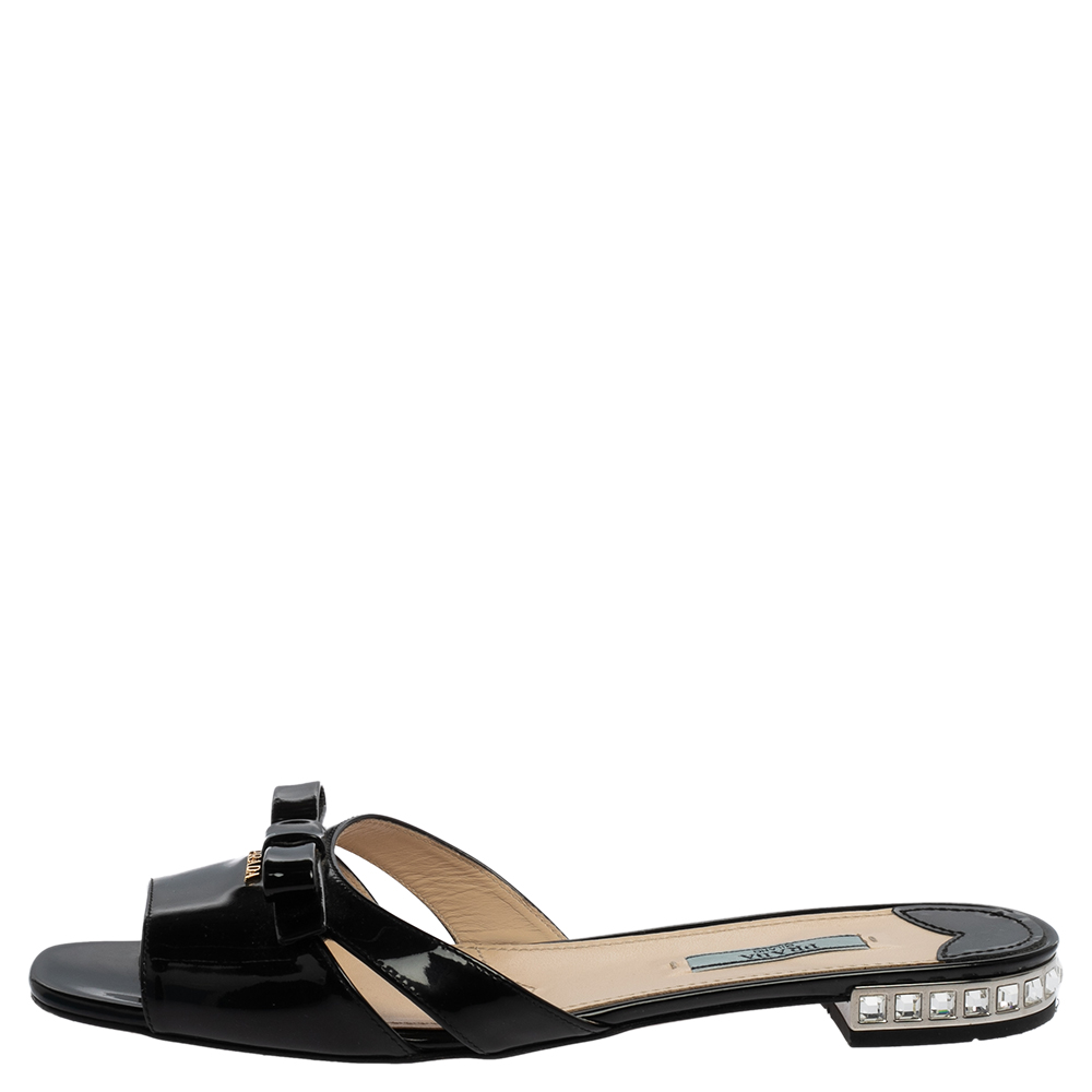 

Prada Black Patent Leather Bow Open Toe Flat Slides Size