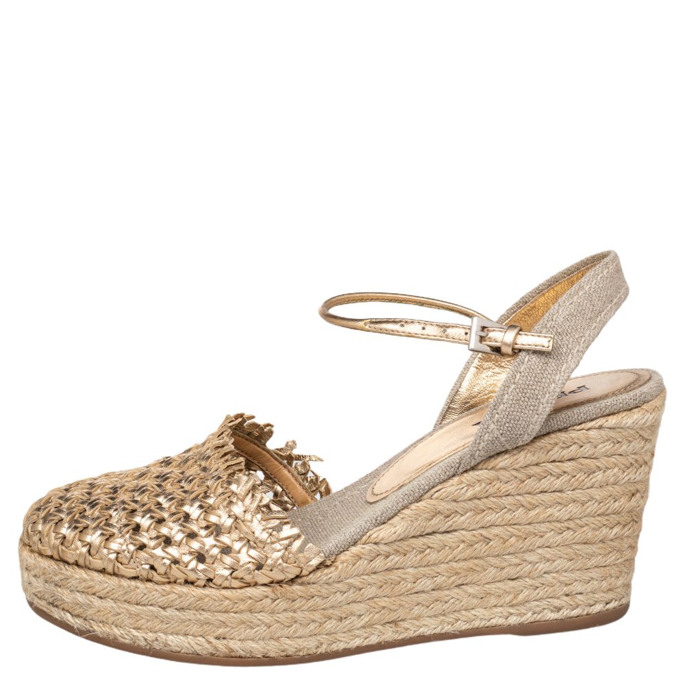 

Prada Gold Woven Leather Wedge Platform Espadrille Sandals Size