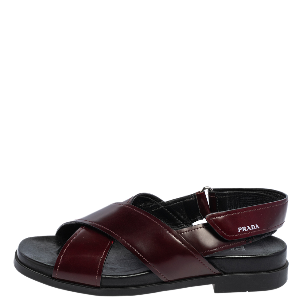 

Prada Burgundy/Black Leather Crisscross Strap Sandals Size