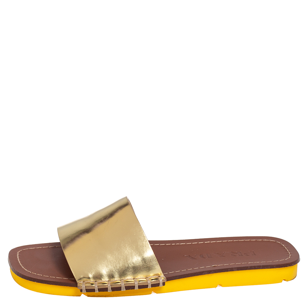 

Prada Metallic Gold Leather Slide Flat Sandals Size
