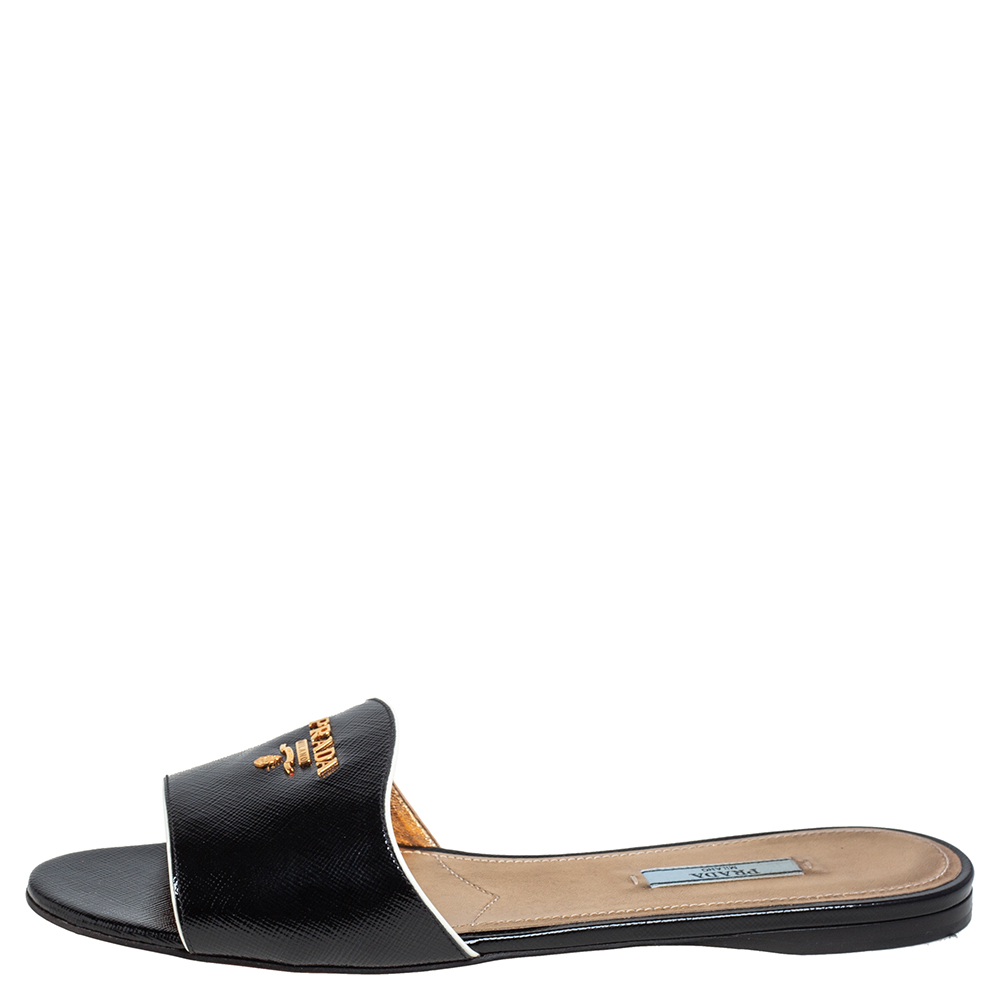 

Prada Black Saffiano Patent Leather Slide Flats Size