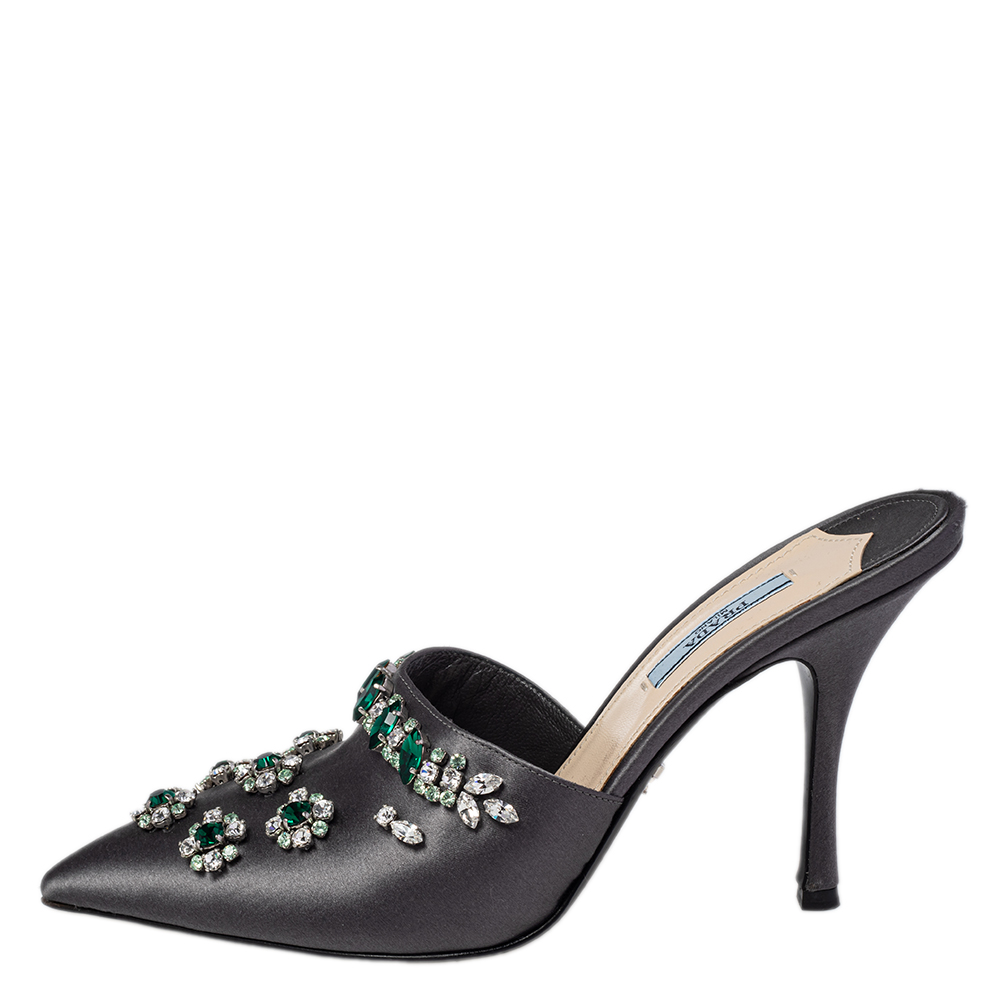 

Prada Grey Satin Crystal Embellished Mule Sandals Size