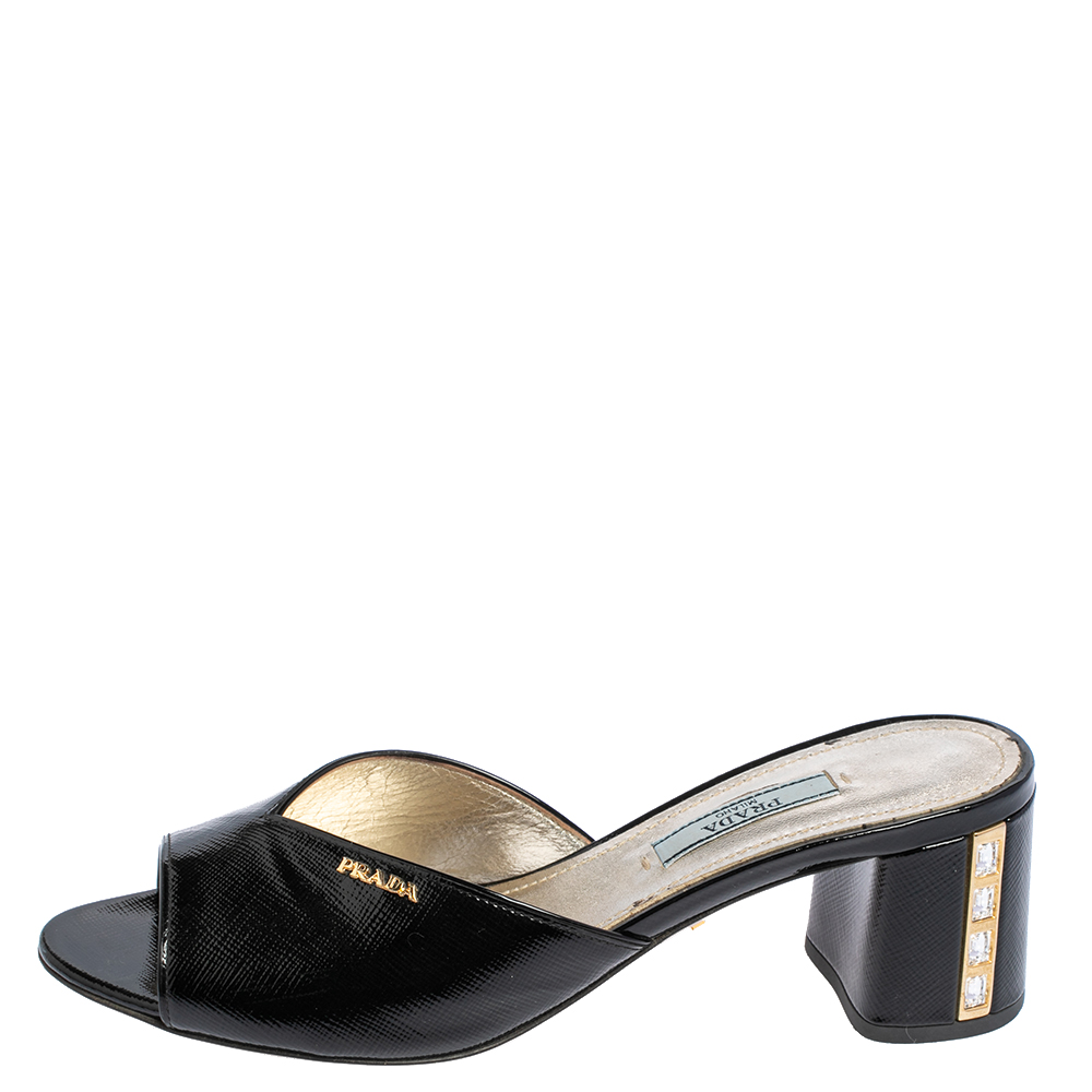 

Prada Black Saffiano Patent Leather Crystal Embellished Heel Slide Sandals Size