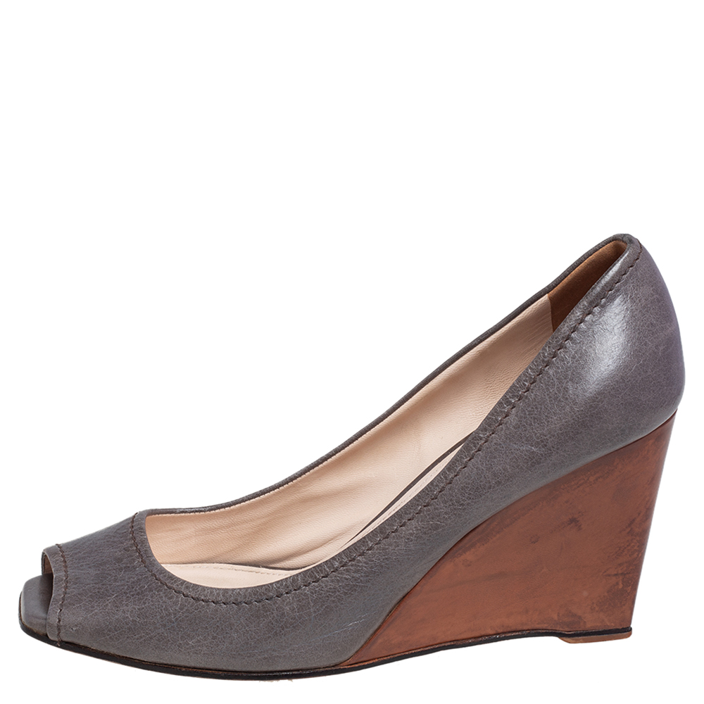 

Prada Grey Leather Peep Toe Wedge Pumps Size