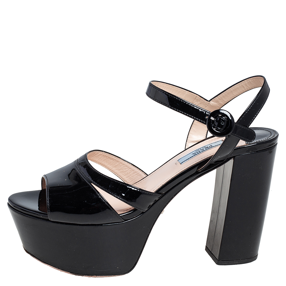 

Prada Black Patent Leather Ankle Strap Block Heel Platform Sandals Size