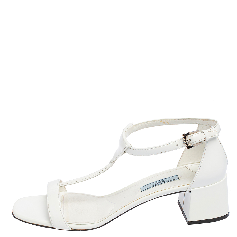 

Prada White Leather T Strap Block Heel Sandals Size