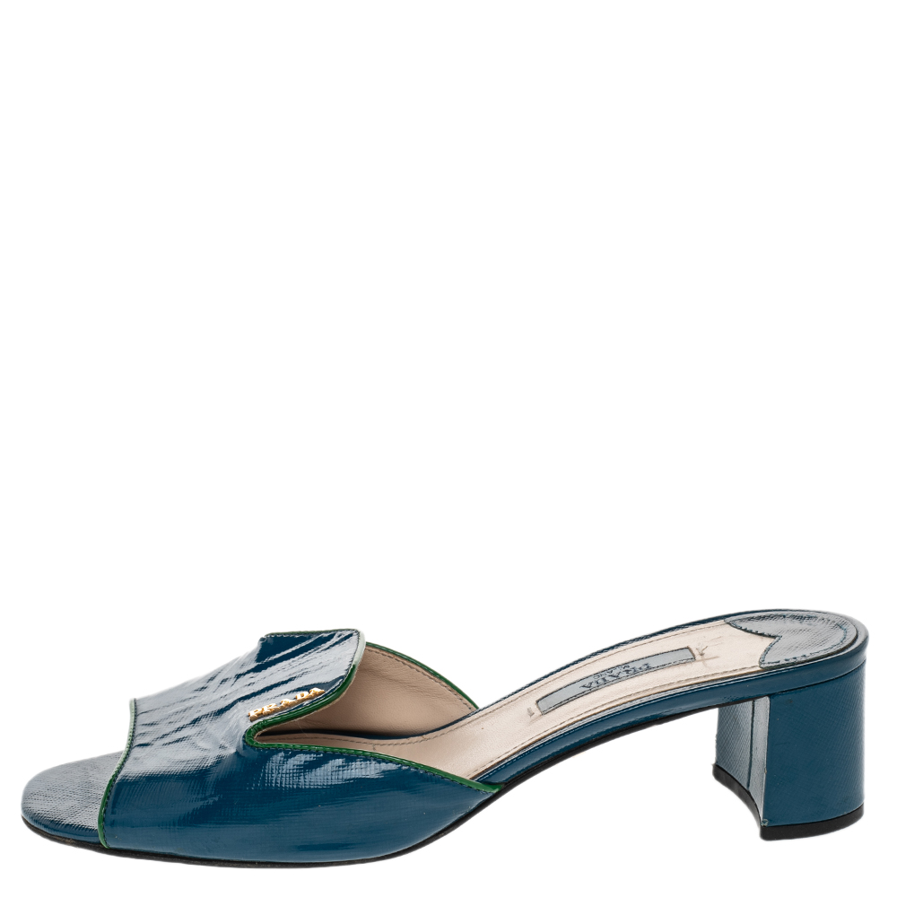 

Prada Blue Patent Saffiano Leather Block Heel Slide Sandals Size