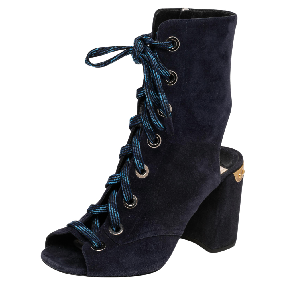 

Prada Blue Suede Cut Out Lace Up Open Toe Block Heel Ankle Boots Size