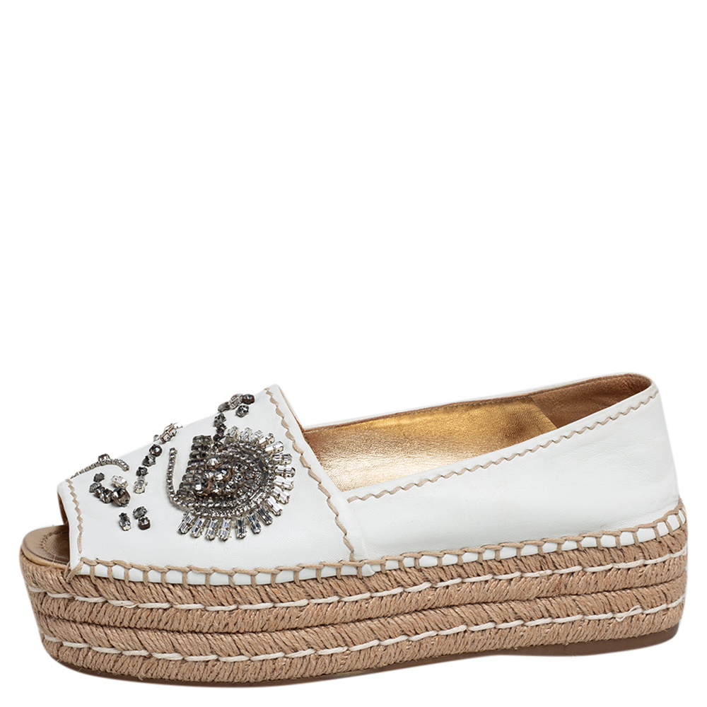 

Prada White Leather Crystal Embellished Open Toe Platform Espadrilles Size