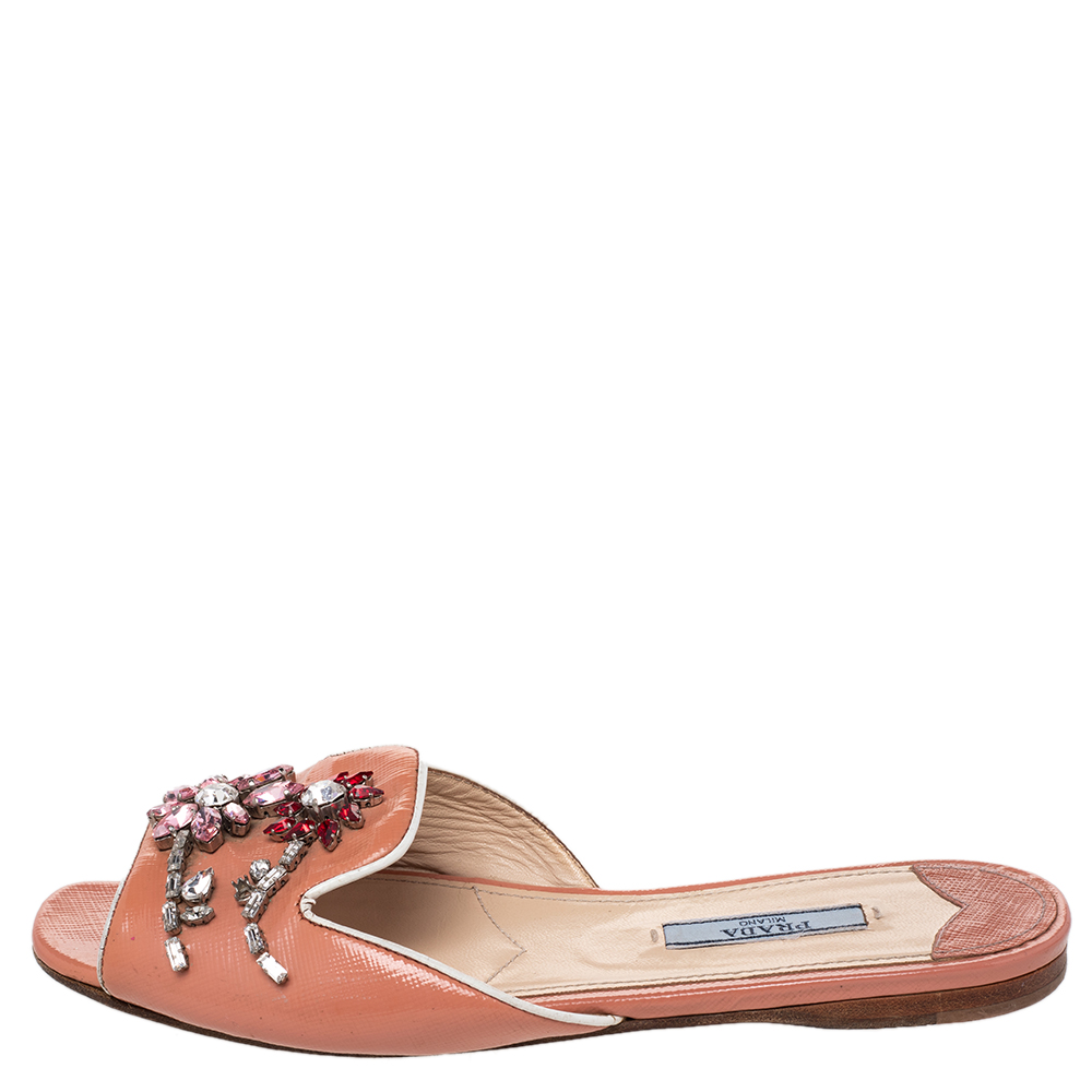 

Prada Peach Saffiano Patent Leather Crystal Embellished Flat Slides Size, Pink
