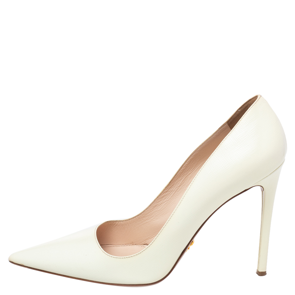 

Prada Cream Patent Saffiano Leather Pointed Toe Pumps Size